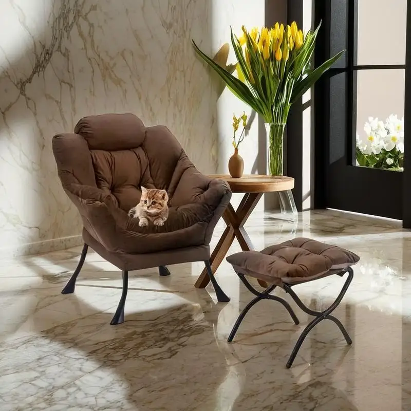 Modern Cotton Thick Padded Lazy Chair With Folding Ottoman