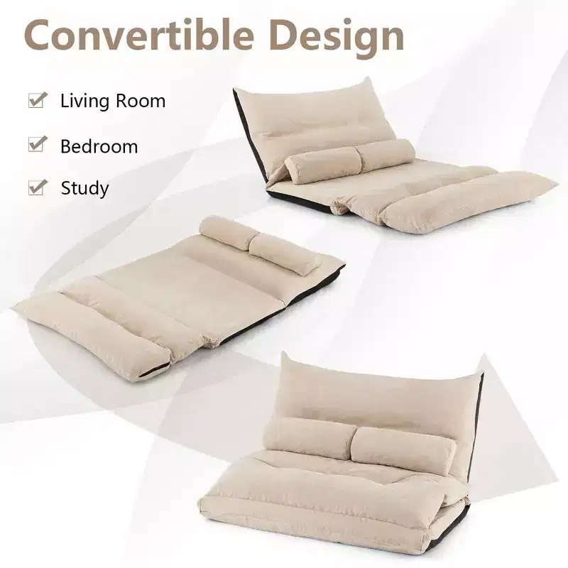 Convertible Lazy Sofa Bed with 42-Level Adjustable Backrest & 2 Lumbar Pillows Gray/Beige