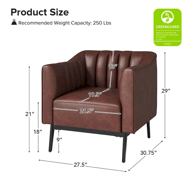 Channel Tufted PU Leather Accent Chair, Navy/Grey/Camel/Brown/Black, Metal Legs, Set of 2