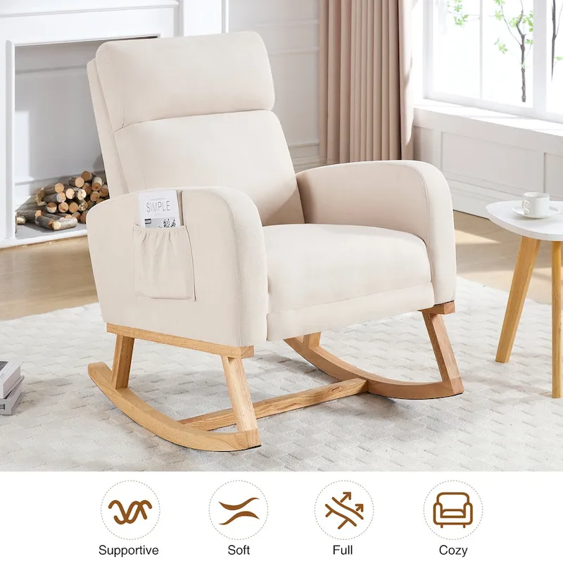 Linen Rocking Chair with Footrest and Side Pocket