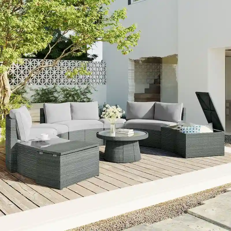 10-Piece Outdoor Sectional Half Round Patio Rattan Sofa Set, PE Wicker Conversation Furniture Set for Free Combination