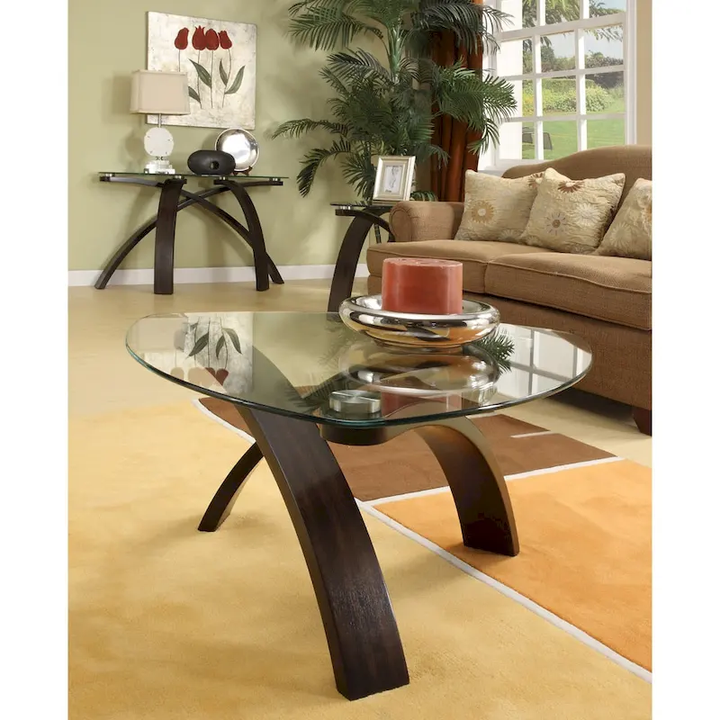 Modern Glass Top End Table, Cherry, Crossed Arch Base, Walnut Veneer