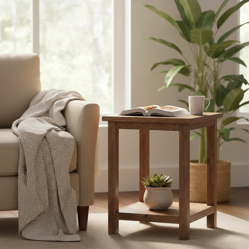 Side End Table, 1 Shelf, Distressed Brown Wood, Square 20 Inch