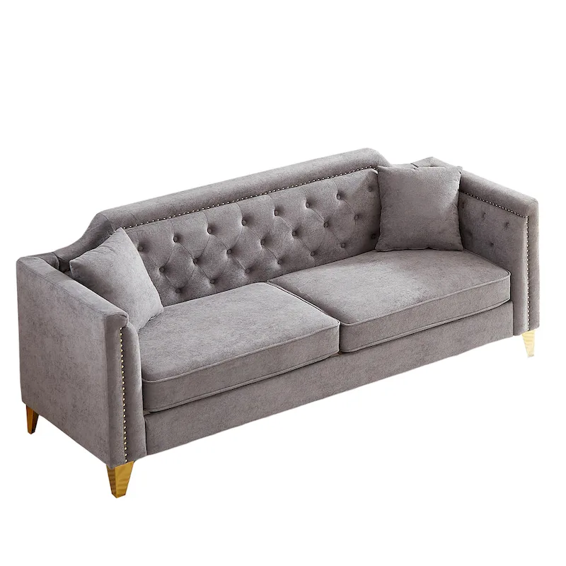 Grey 61.5 Chenille 3-Seater Tufted Sofa with Copper Nail Arms, 2 Pillows