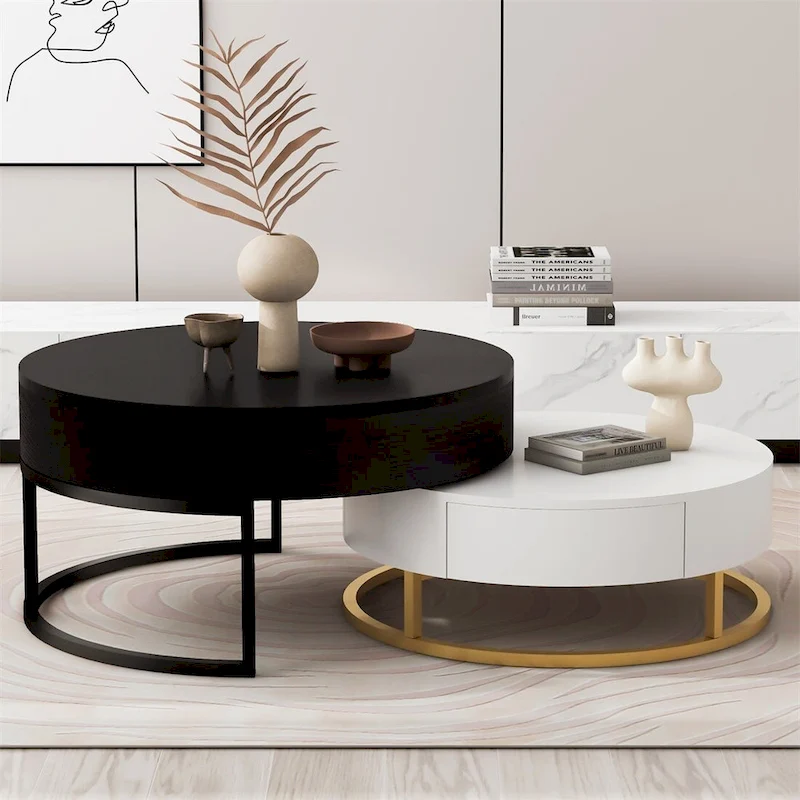 Merax Modern Round Lift-top Nesting Coffee Tables with 2 Drawers