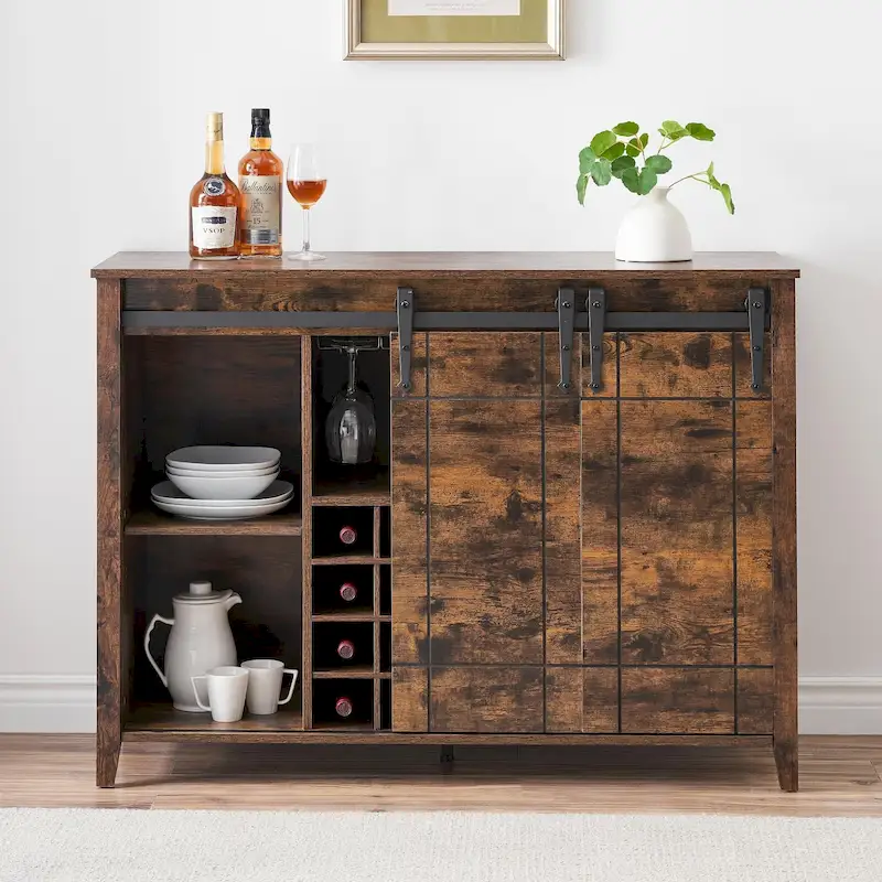 Farmhouse 47 Wine Bar Cabinet Buffet Sideboard Cabinet with 16 Bottle Wine Rack - 15.7D x 47.2W x 34.61H