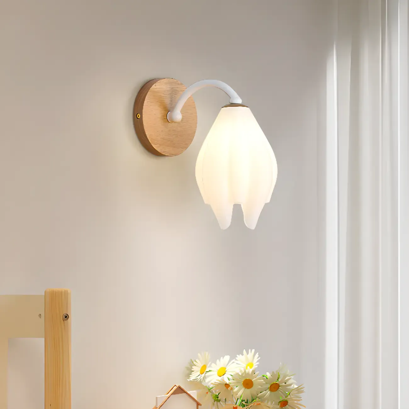 Modern White Tulip Wall Sconce with Wooden Base for Bedroom