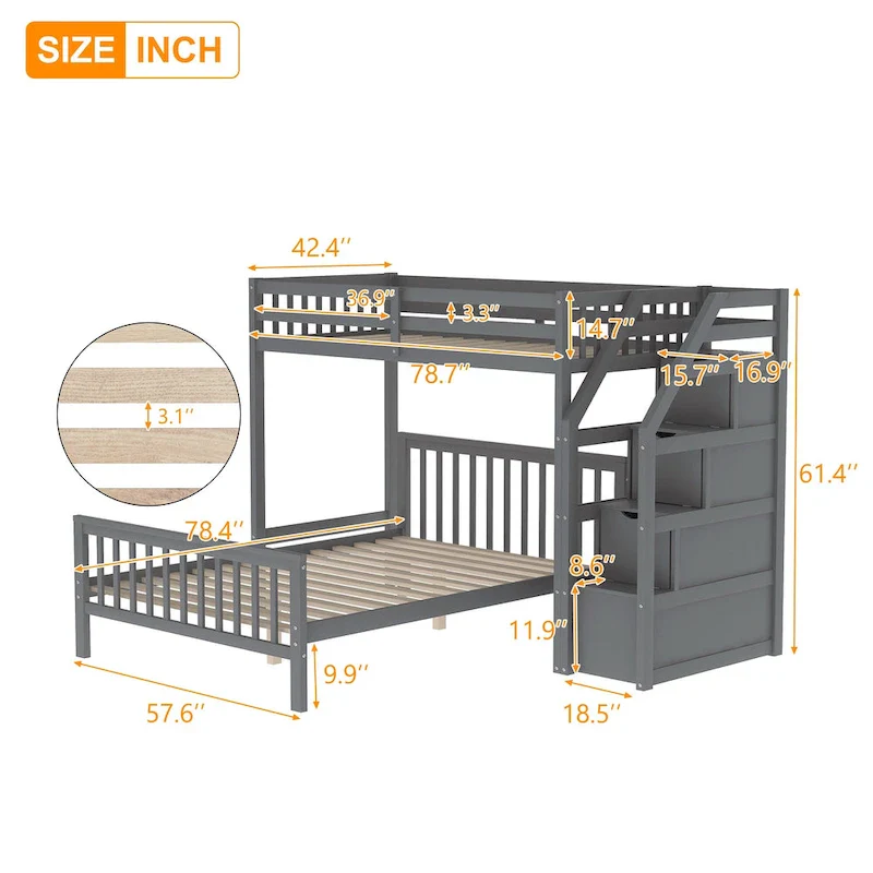 Twin Over Full Wood Loft Bed with Staircase,High Guardrails and Ladder