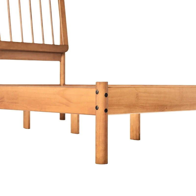 Queen Solid Wood Spindle Bed Frame with Pine Legs – Caramel / Natural Pine / Black, for 1–2 People
