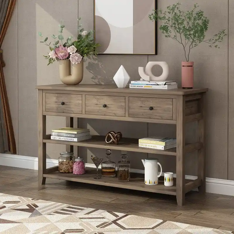 Console Table, Washed Brown/Beige, 4 Drawers & 2 Shelves, MDF, 47