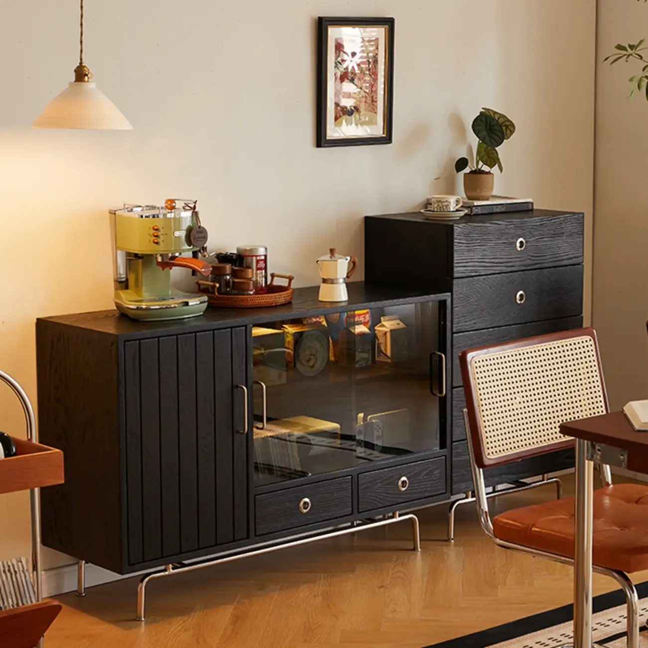 Modern Black Lumber Storage Sideboard with Drawers