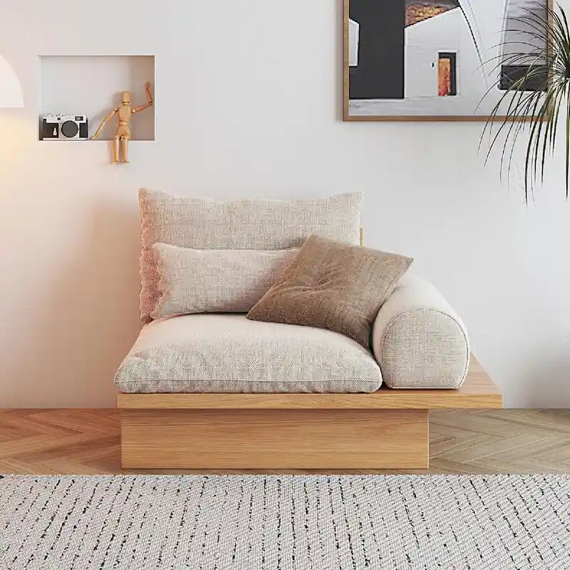 JASIWAY Cotton Line Beige Sofa With Wood Frame