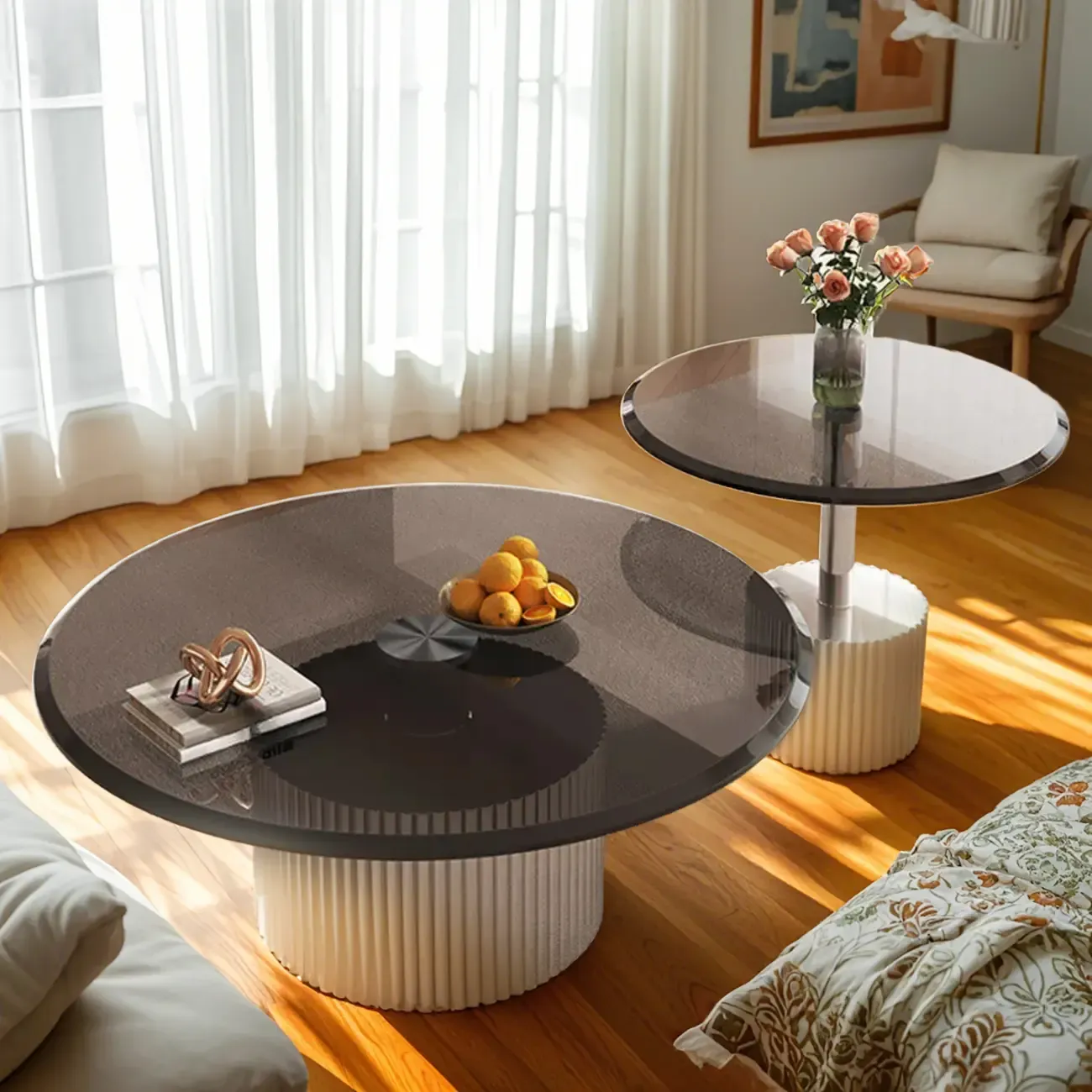 Modern Waterproof Glass Round Coffee Table with Silver Base