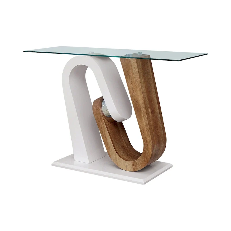 Tong Contemporary White and Natural Geometric Base 47-inch Glass Top Sofa Table by Strick & Bolton