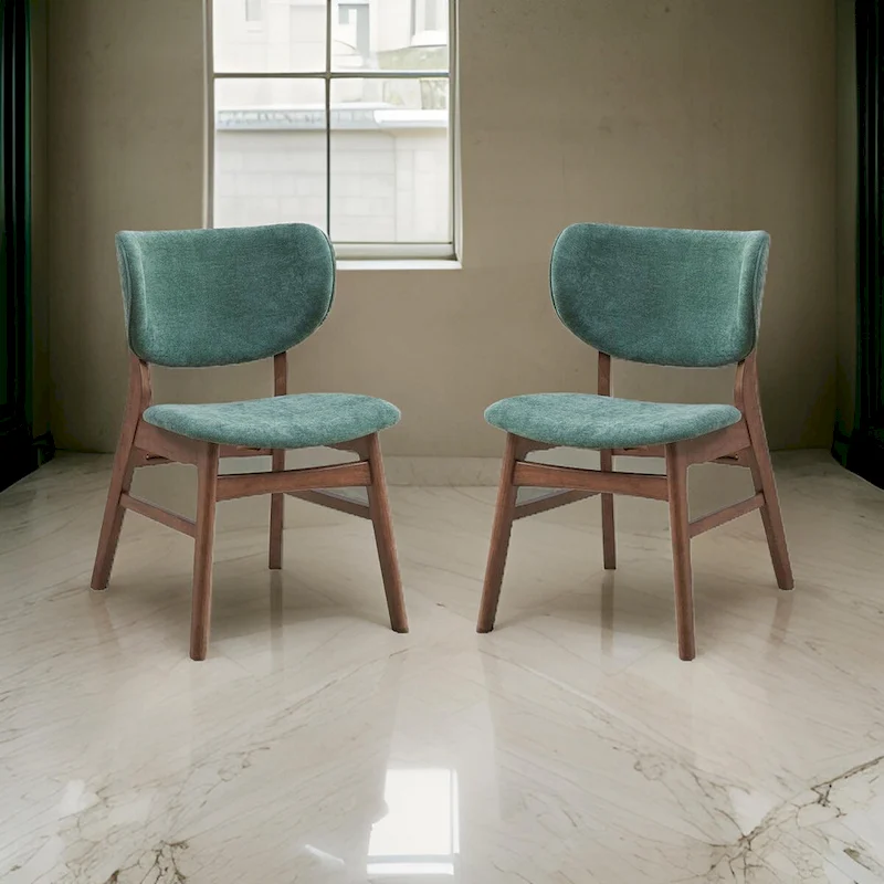 Evis 23 Inch Side Dining Chair Set of 2, Walnut Brown, Soft Green Fabric