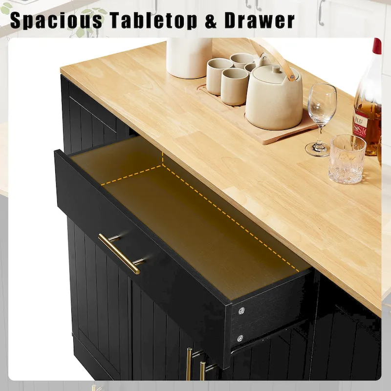 Kitchen Island with Tilt Out Trash Can Holder, Mobile Islands Table with Drawer, Adjustable Shelves & 3 Layer Open Side Racks