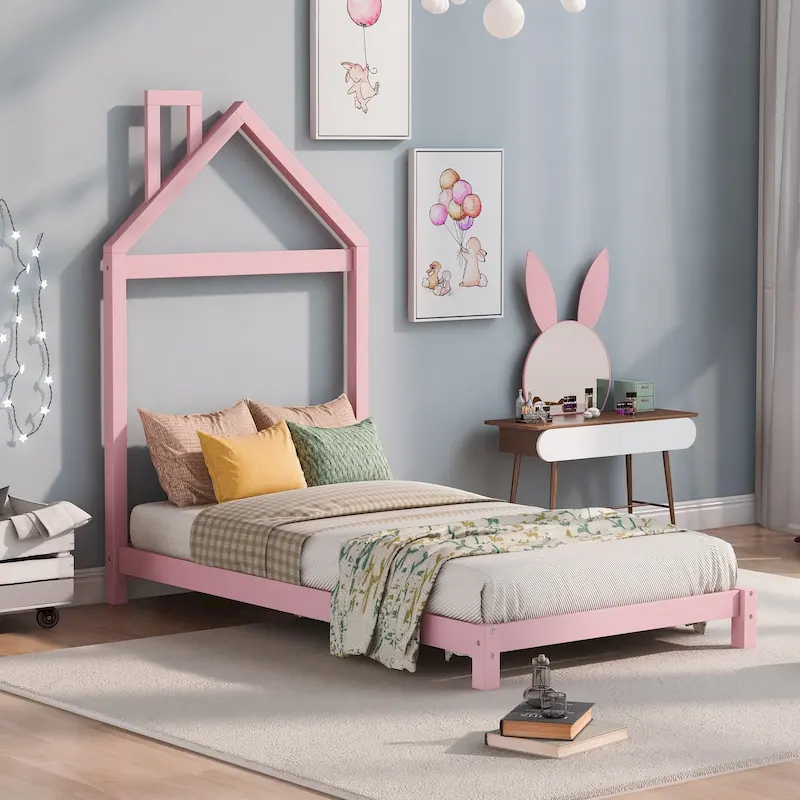 Twin Size Wood Platform Bed with House-shaped Headboard for Kids