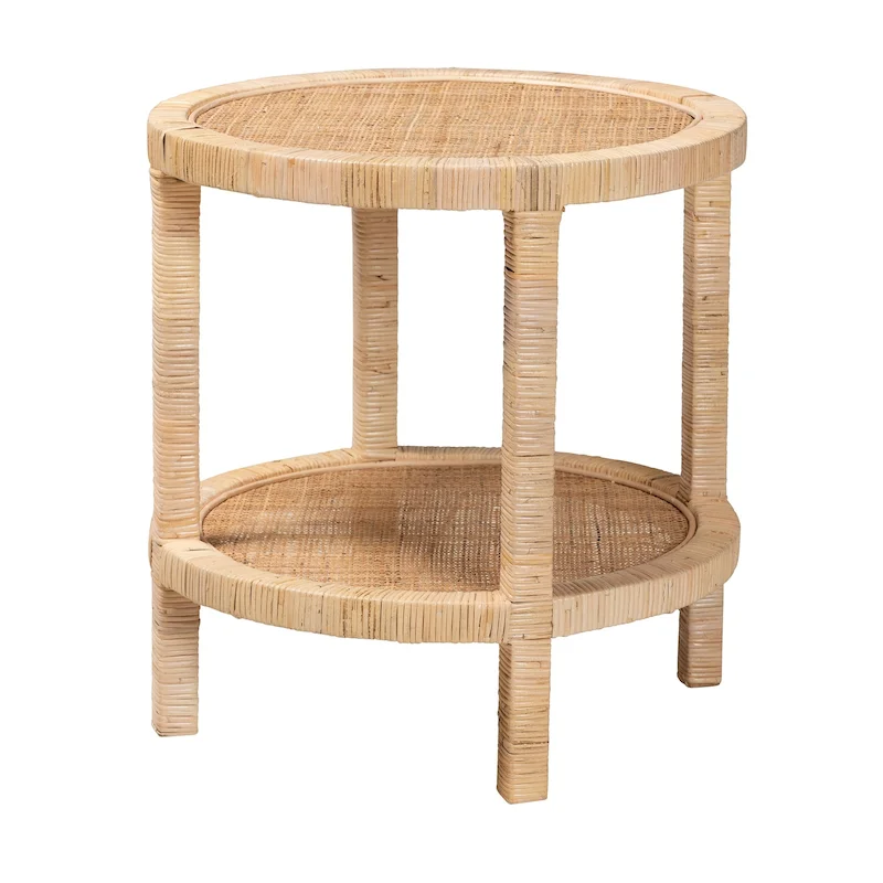 Bella Modern Bohemian Natural Brown Mahogany Wood and Natural Rattan 2-Tier End Table