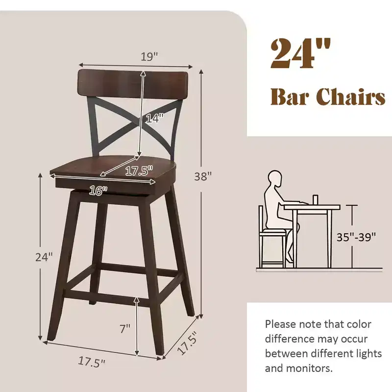 Costway Set of 4 Wooden Swivel Bar Stools Counter Height Kitchen Chairs w/ Back Brown