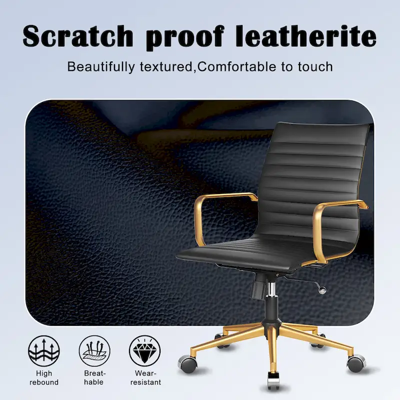 Ribbed Leatherite Office Chair with Chrome Frame, L-Shaped Arms and Swivel Base – Grey / White / Terracotta / Green / Brown / Black / Navy Blue / Gold & Navy Blue / Gold & Black / Gold & White, for 1 Person