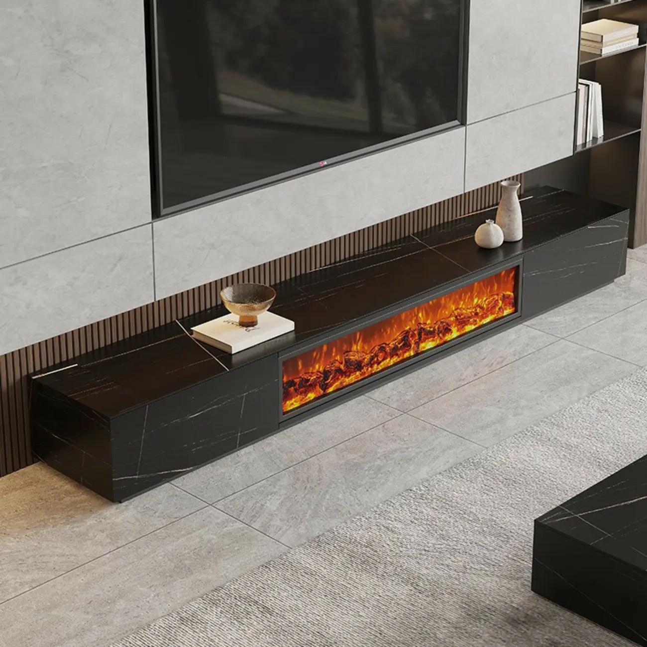 87 Rectangle Black Electric Fireplace Stone TV Stand with Light
