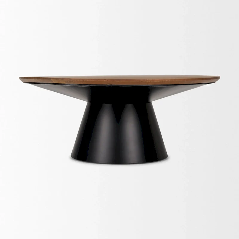 Round Coffee Table - Solid Mango Wood Top, Black Cast Iron Pedestal Base, 45 Diameter x 16H