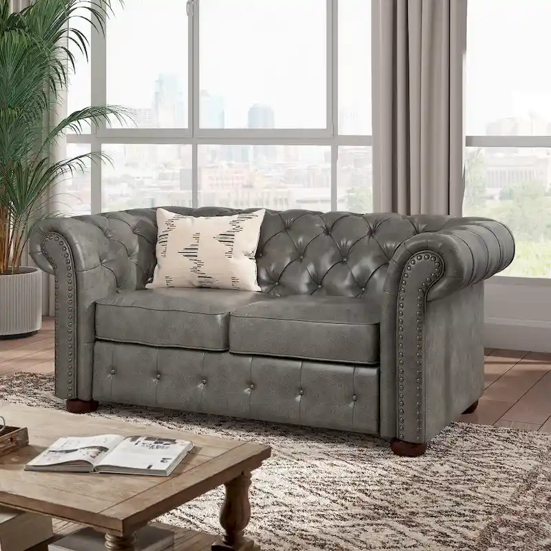 Tufted Loveseat with Rolled Arms and Bun Feet