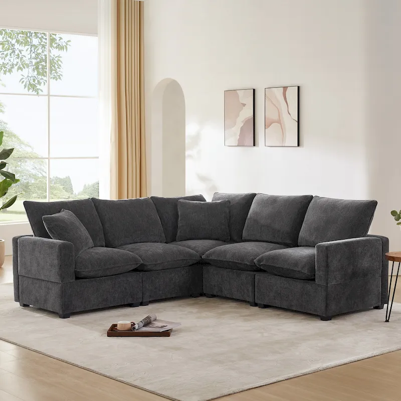 Black 84 Modular Chenille 5-Seat Corner Sectional Sofa Set with 2 Cushions, Great for Living Spaces or Apartments