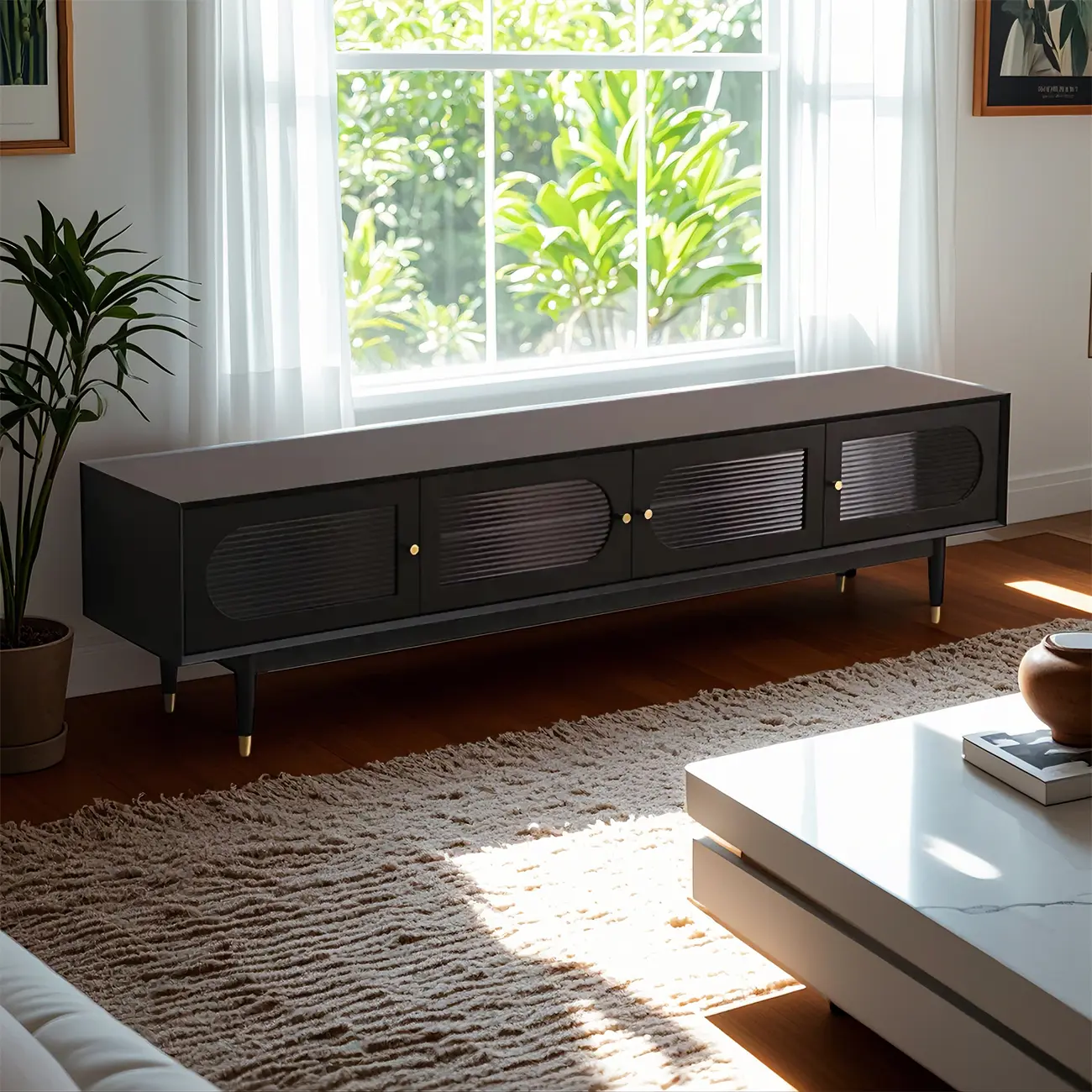 79 White Wood Ribbed Doors TV Stand with Adjustable Shelves