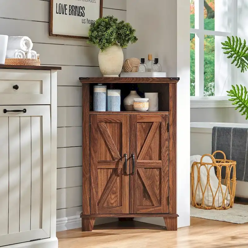 Farmhouse Corner Bathroom Cabinet, Small Corner Cabinet with Barn Door - N/A
