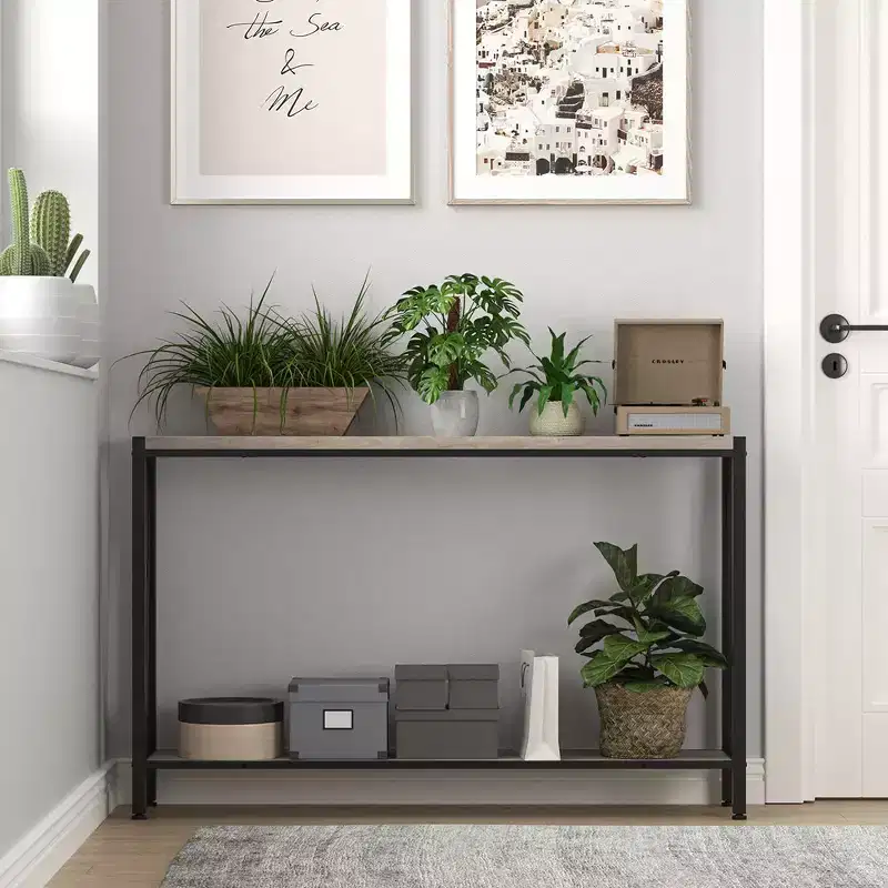 2-Tier Narrow Console Sofa Side Table, Premium Entryway Furniture, 42.9 x 9.8 x 29.9 (Gray )