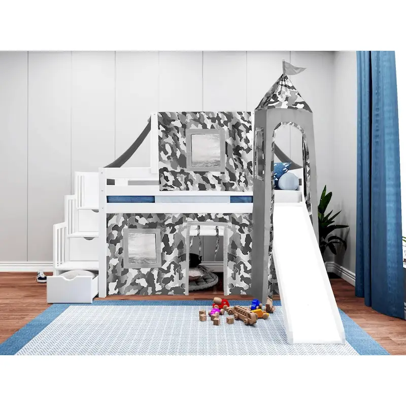 JACKPOT Prince & Princess Low Loft Twin Bed, Stairs Slide Tent & Tower