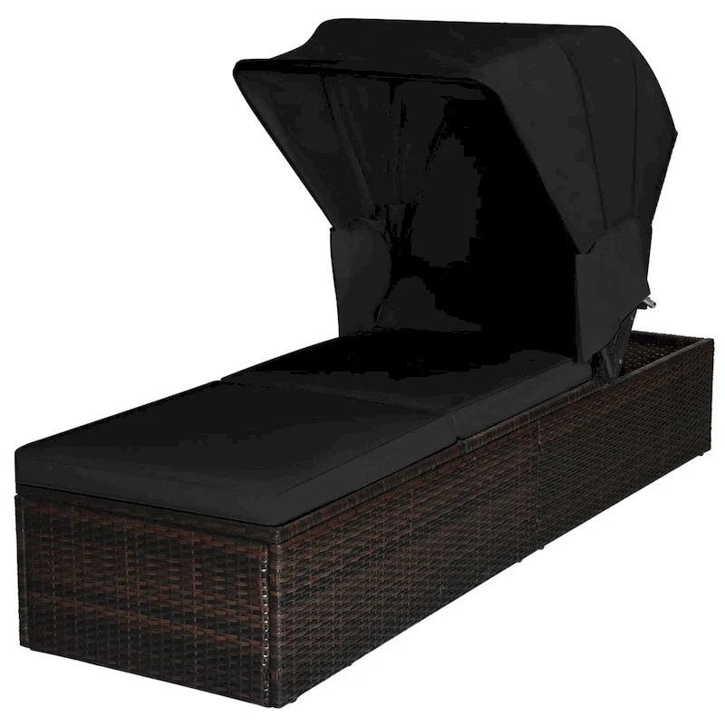 Gymax Rattan Patio Chaise Lounge Chair W/ Adjustable Canopy Black