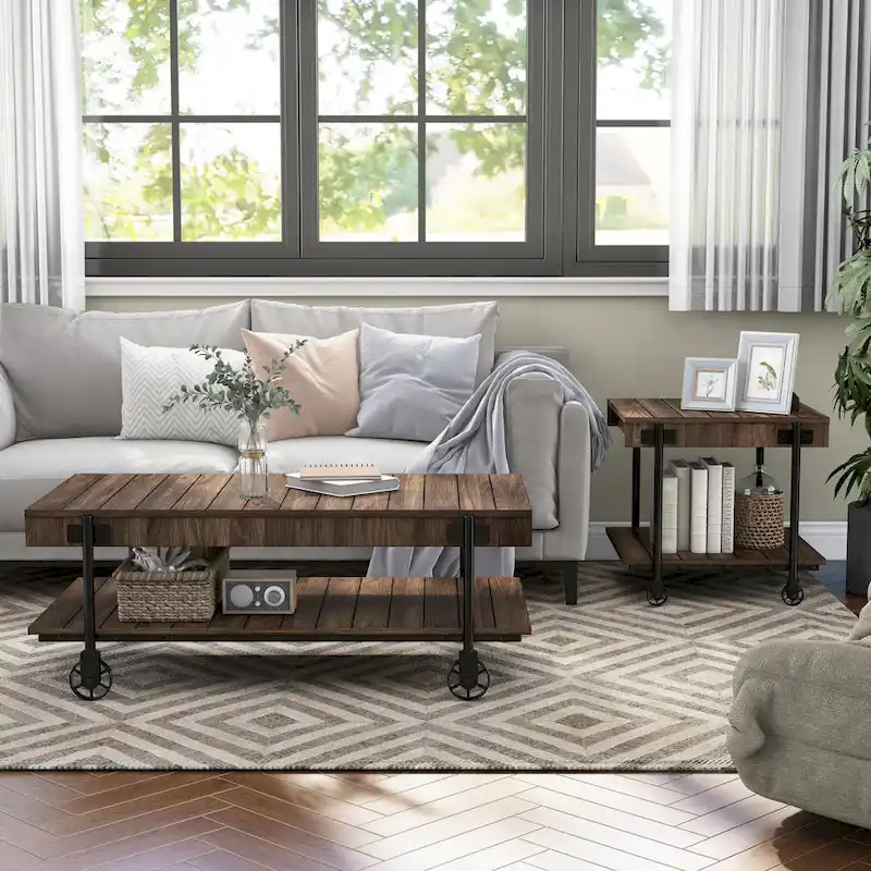 Farmhouse Steel 2-Piece Coffee Table Set with Shelf