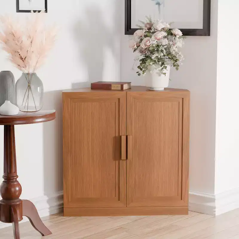 Corner Storage Cabinet with 2 Solid Wood Doors & Adjustable Shelves, Beige, 31