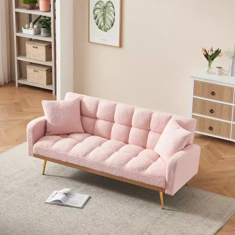 GDFStudio Smin Modern 69 Wooden Teddy Upholstered Sofa Bed with Adjustable Backrest
