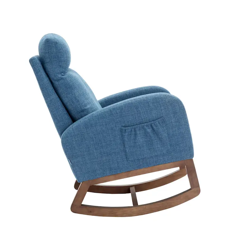 Blue 27 Upholstered Rocking Chair with Wood Legs and Convenient Side Pocket