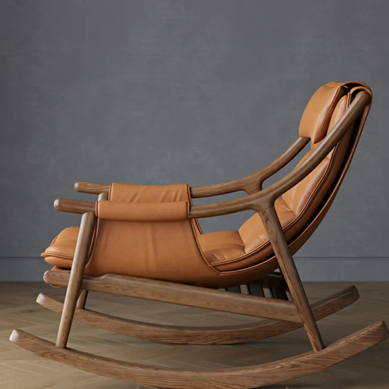 Modern Wood Nappa Upholstered Rocking Chair with Footstool