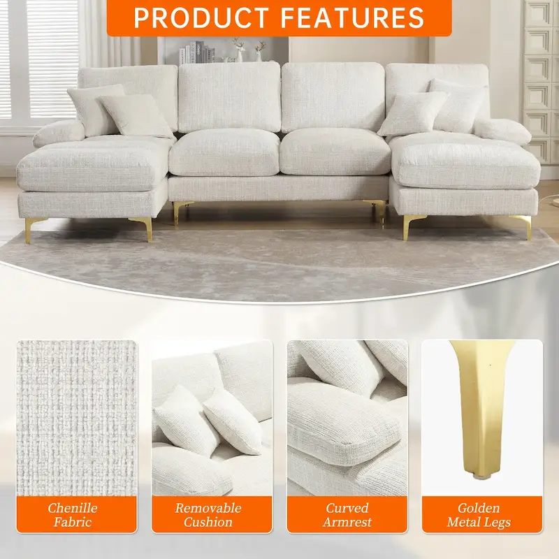 HOMEFUN Chenille Upholstered U-Shaped Living Room Sectional Sofa