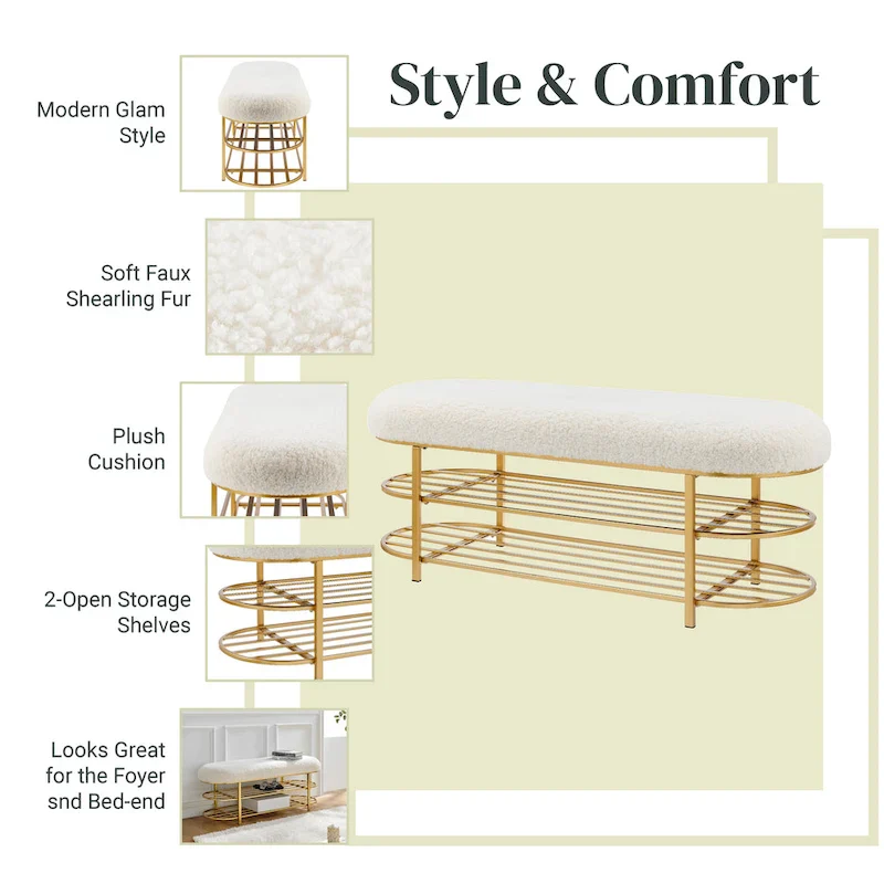 Frisly Shearling Fabric Bench w/ Shelf