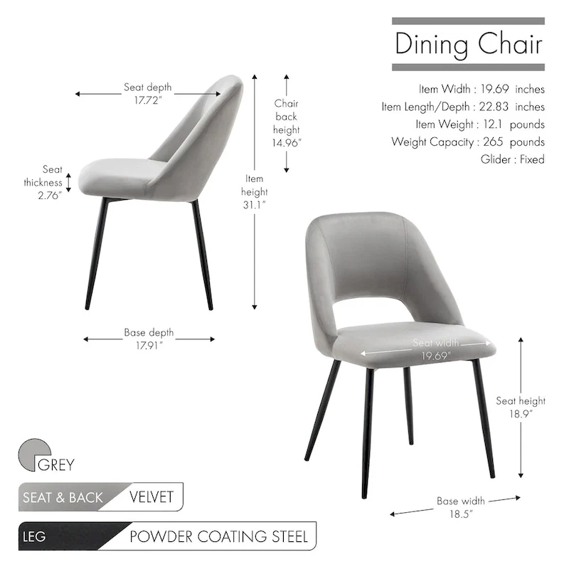 Velvet Dining Chairs with Steel Legs, Set of 2