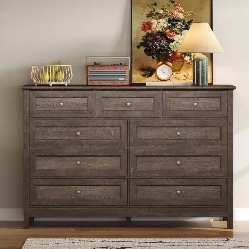 Okak Modern 9 Drawers Rustic Bedroom Dressers with Silver Handle,Minimalist Wooden Dresser,Chest of Drawers for Bedroom,Entryway