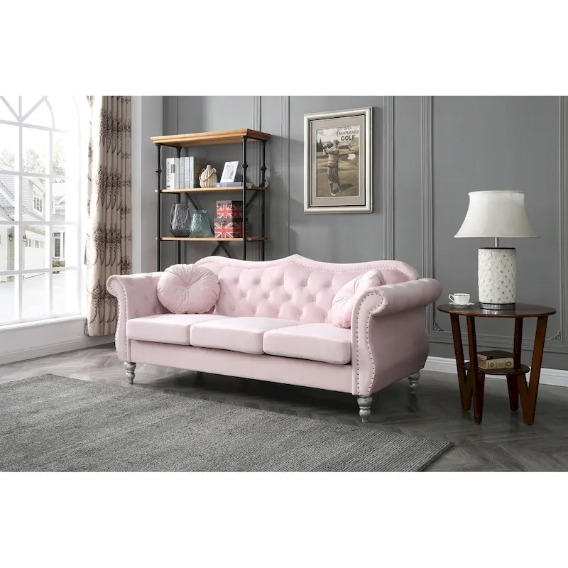 Hollywood 82 in. Velvet Chesterfield 3-Seater Sofa with 2-Throw Pillow - 82L x 35W x 34H