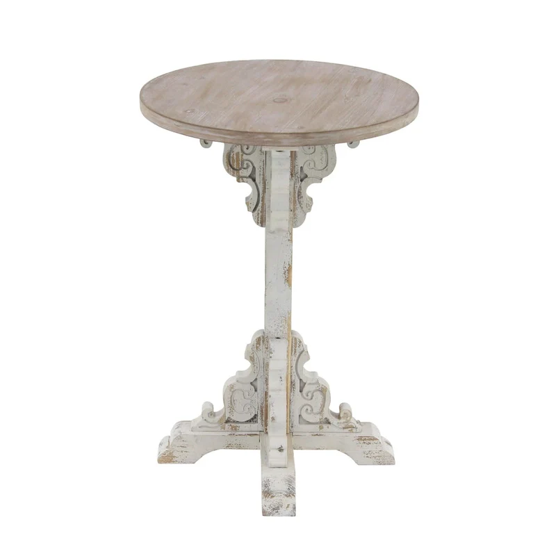Wood Scroll Intricately Carved Accent End Table, Rustic Brown Gray Cream Side Table