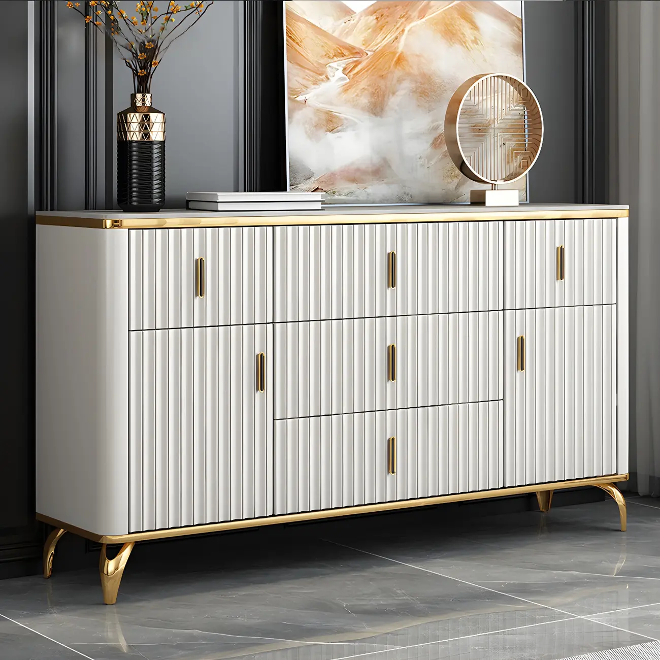 Elegant Gray Wooden Dressers & Chests with Gold Handles