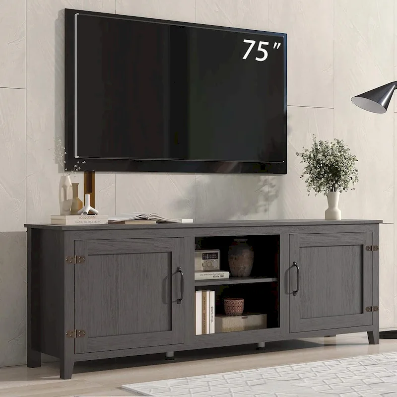 70 inch Modern TV Cabinet with Shelves, Media Entertainment Center with Doors-Black - M