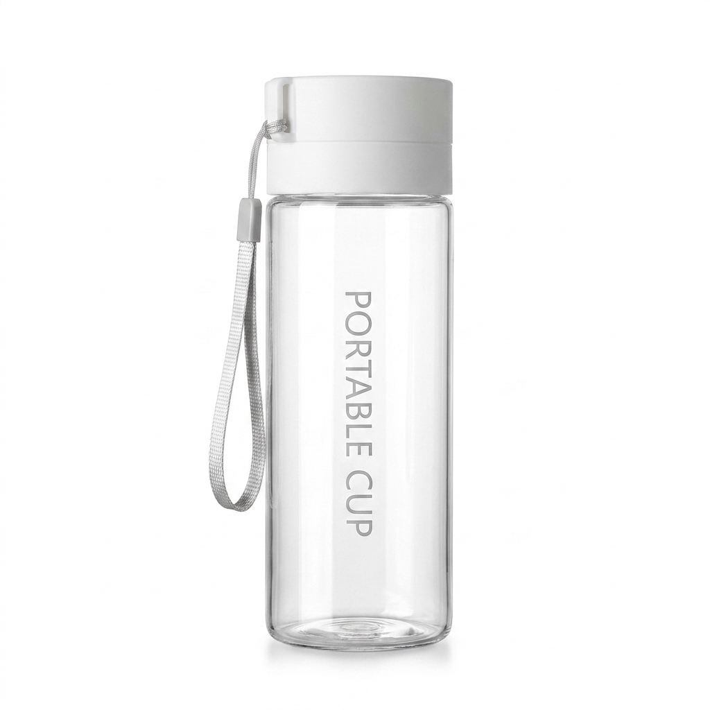 600ML Clear Water Bottle with White Lid and Carry Lanyard