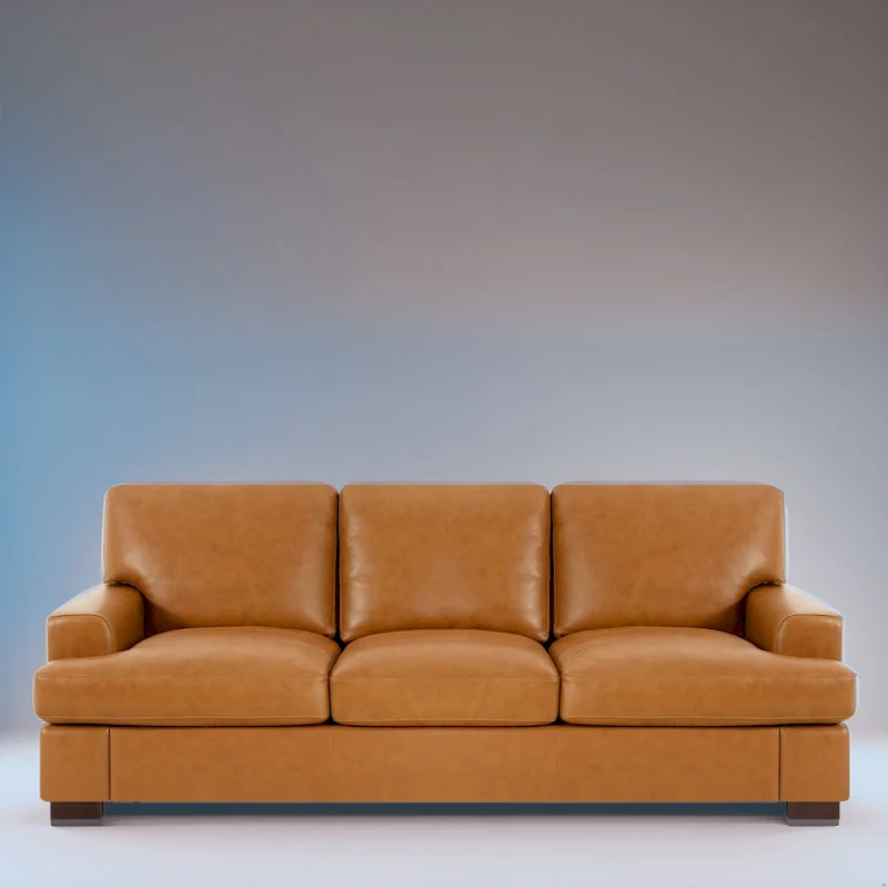 Genuine Leather Square Arm Sofa, Tan, Goose Feather Cushions, Block Legs, Seats 3