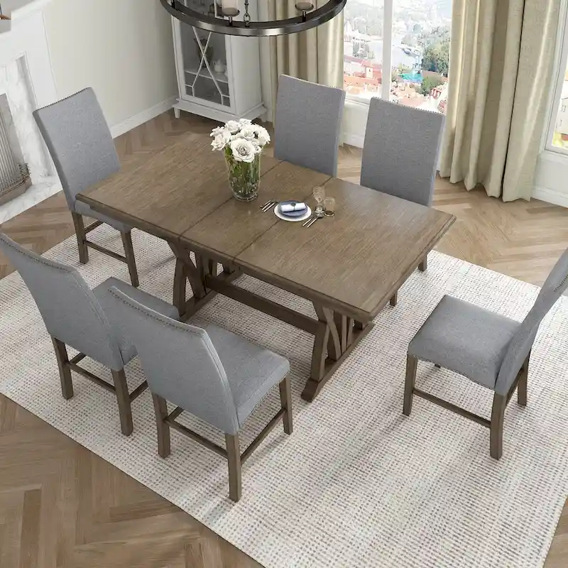 7-Piece Wooden Dining Table Set with Extendable Table & 6 Chairs