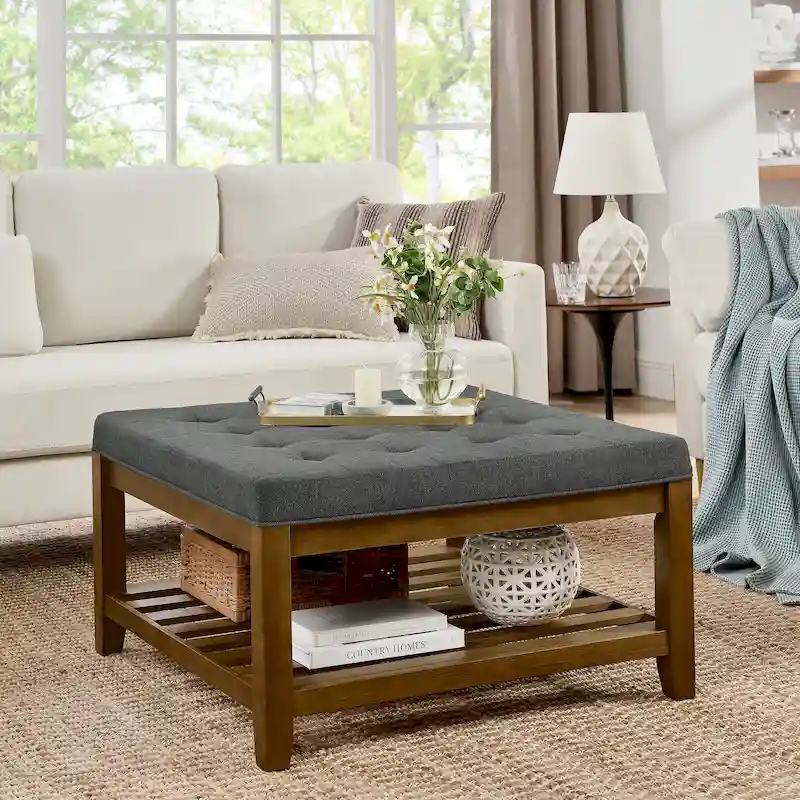 Upholstered Coffee Table Tufted Linen Large Square Ottoman with Beech Wood Shelf and Frame,Oversized Footrest Ottoman